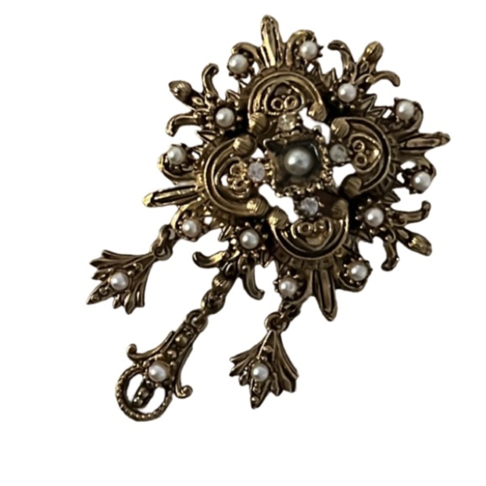 Vintage Art Deco French Fluer De Lis Gold Plated and Pearl Brooch - Picture 2 of 9